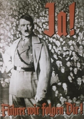 Nazi propaganda poster of Adolf Hitler standing before a saluting crowd. The caption reads, 'Yes, Fuehrer, we are following you!'