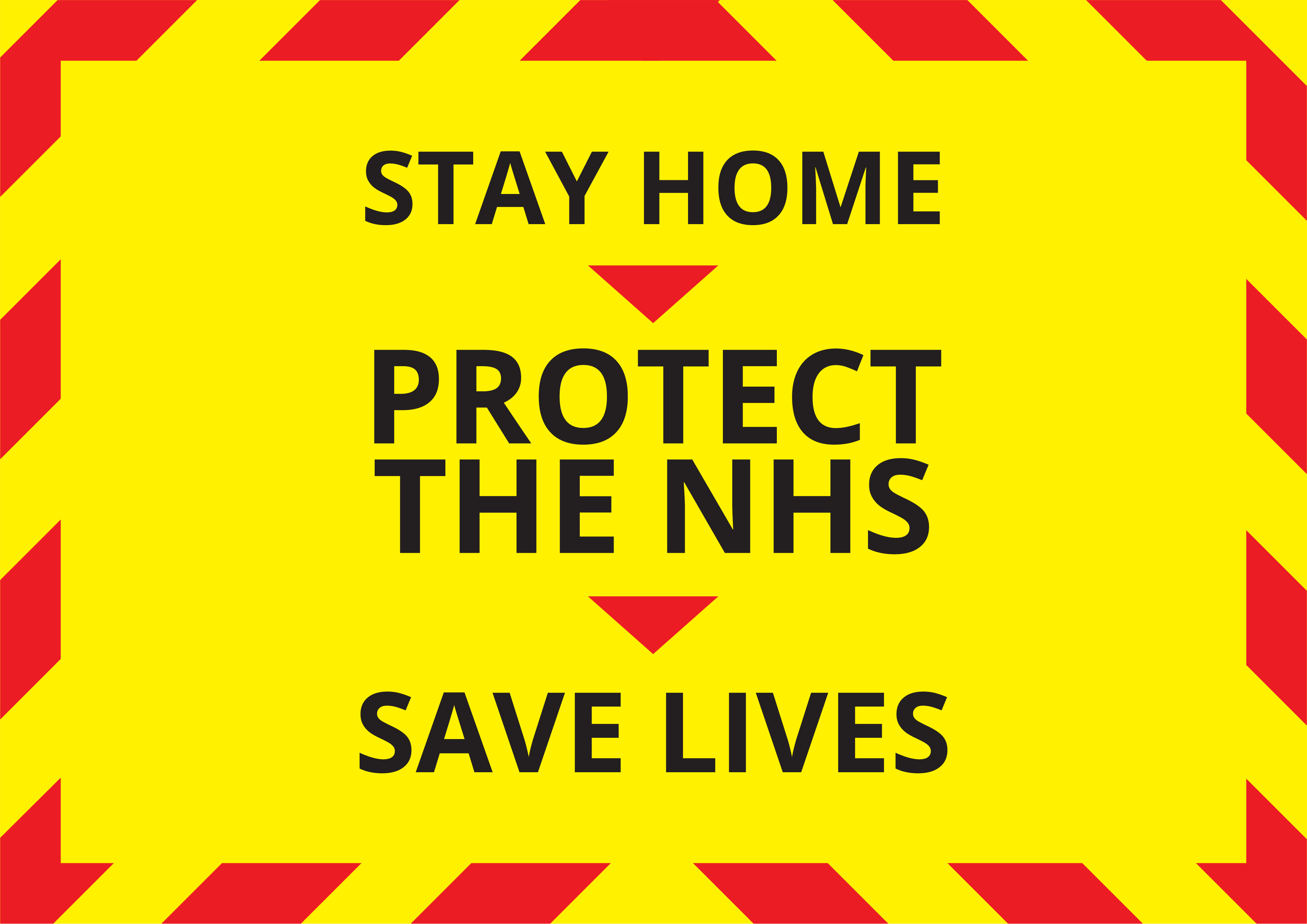 Yellow and red poster with the slogan: stay home, protect the NHS, save lives