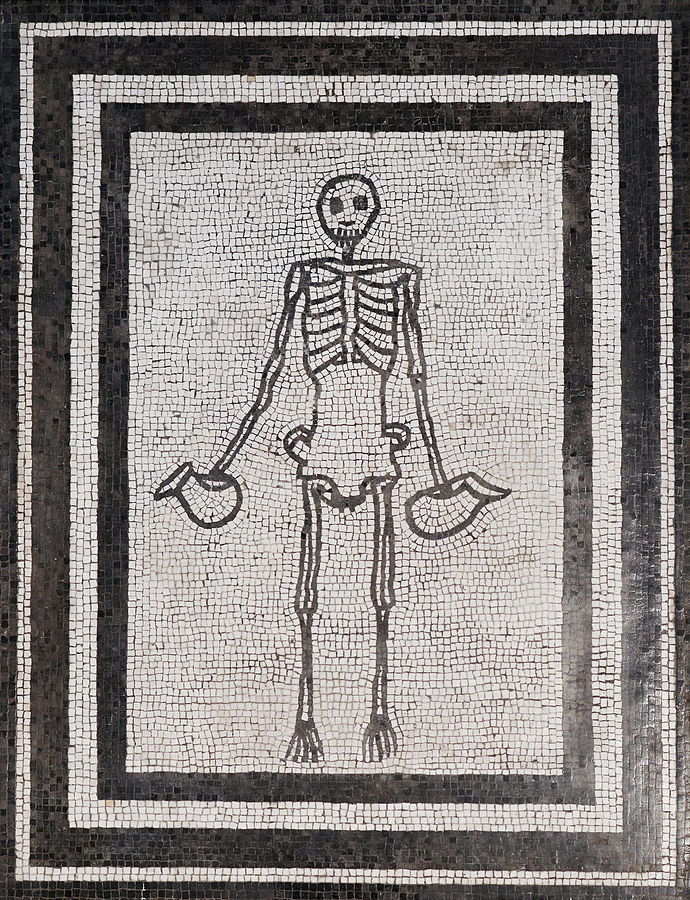 Mosaic of skeleton carrying wine jugs, Naples Museum inv. 9978, from Pompeii