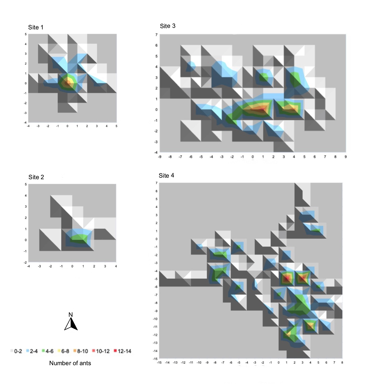 Density maps of sites illustrating the number of <em>Ophiocordyceps unilateralis</em>-infected <em>Camponotus leonardi</em> found per 1m<sup>2</sup> quadrat in Gunung Mulu National Park, Borneo. The first ant found within each graveyard defines point (0,0). Horizontal distribution represented on x- and y-axes, measured as distance from initial survey point (m). Density is indicated by colour, measured as number of ants found in each quadrat