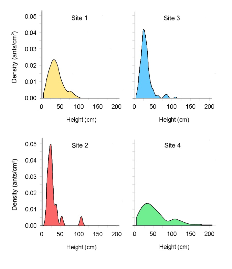 Density plots of zombie ants at different heights at Sites 1–4. Site 1: n = 59; Site 2: n = 20; Site 3: n = 176; Site 4: n = 292