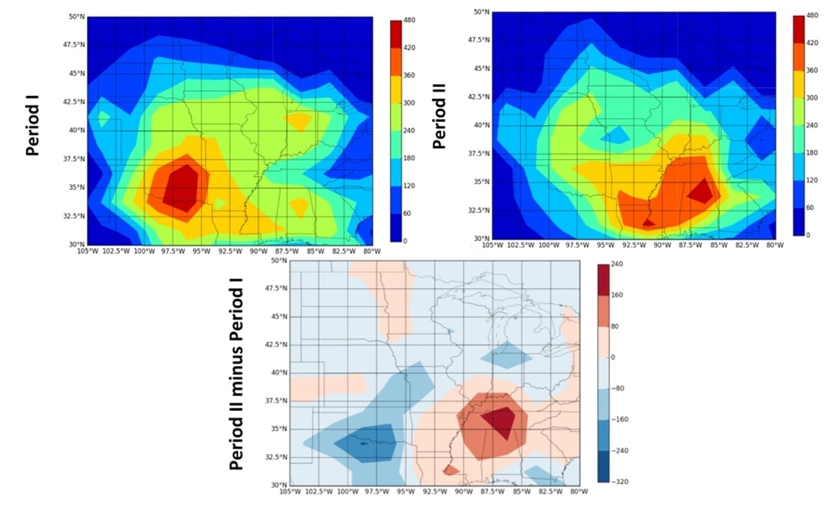 Figure 2: Map of tornado counts for the
eastern USA for Period I (1954–1983), Period II (1984–2013) and Period II minus
Period I (modified from Agee et al., 2016). © American Meteorological
Society. Used with permission.