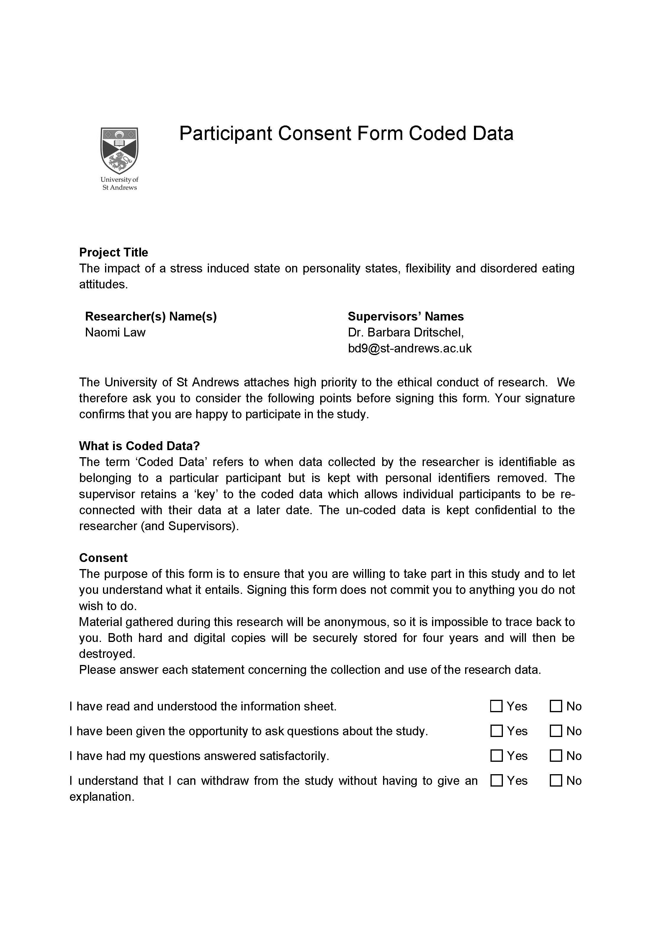 copy of the first page of a participant consent form