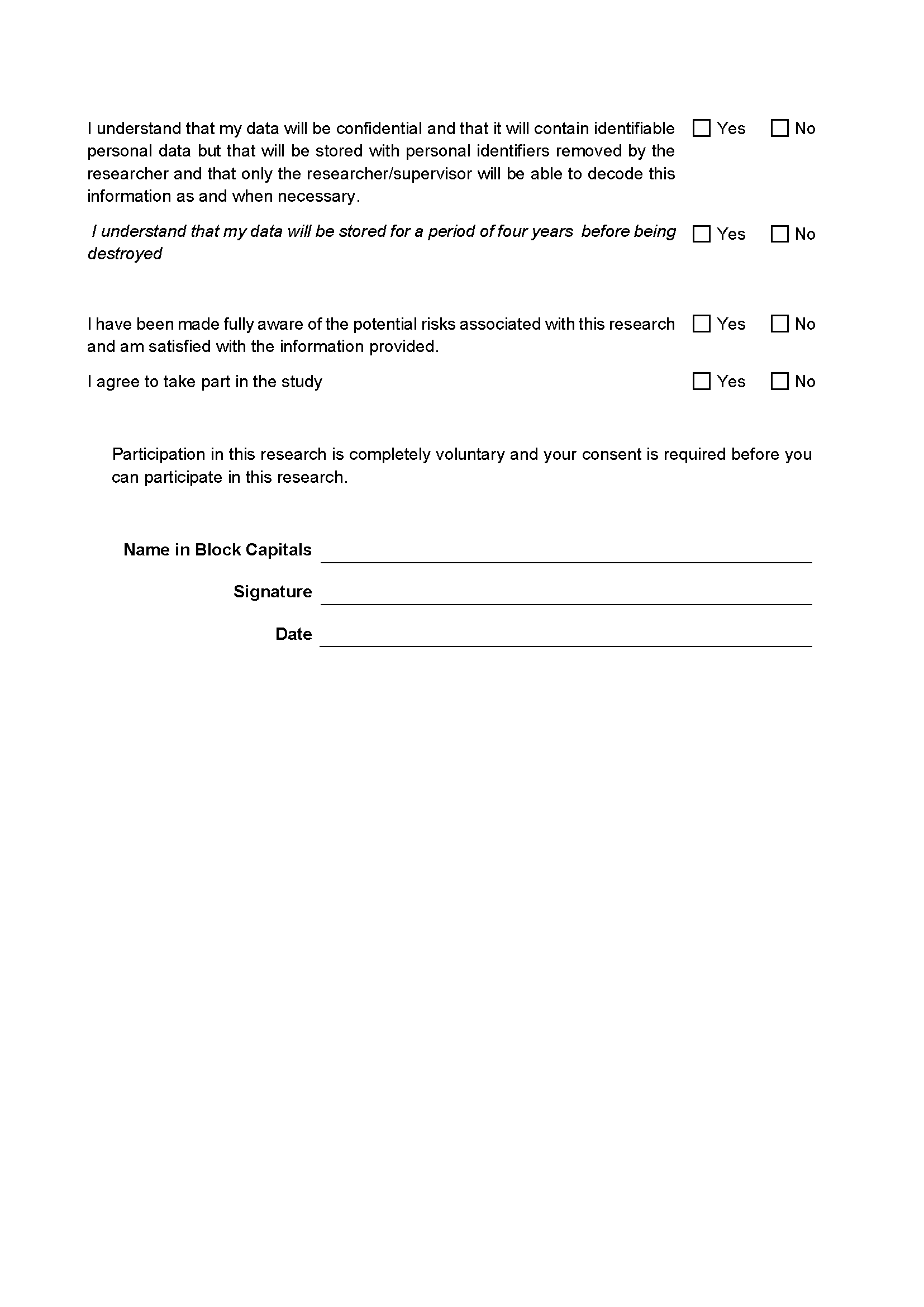 copy of the second page of a participant consent form