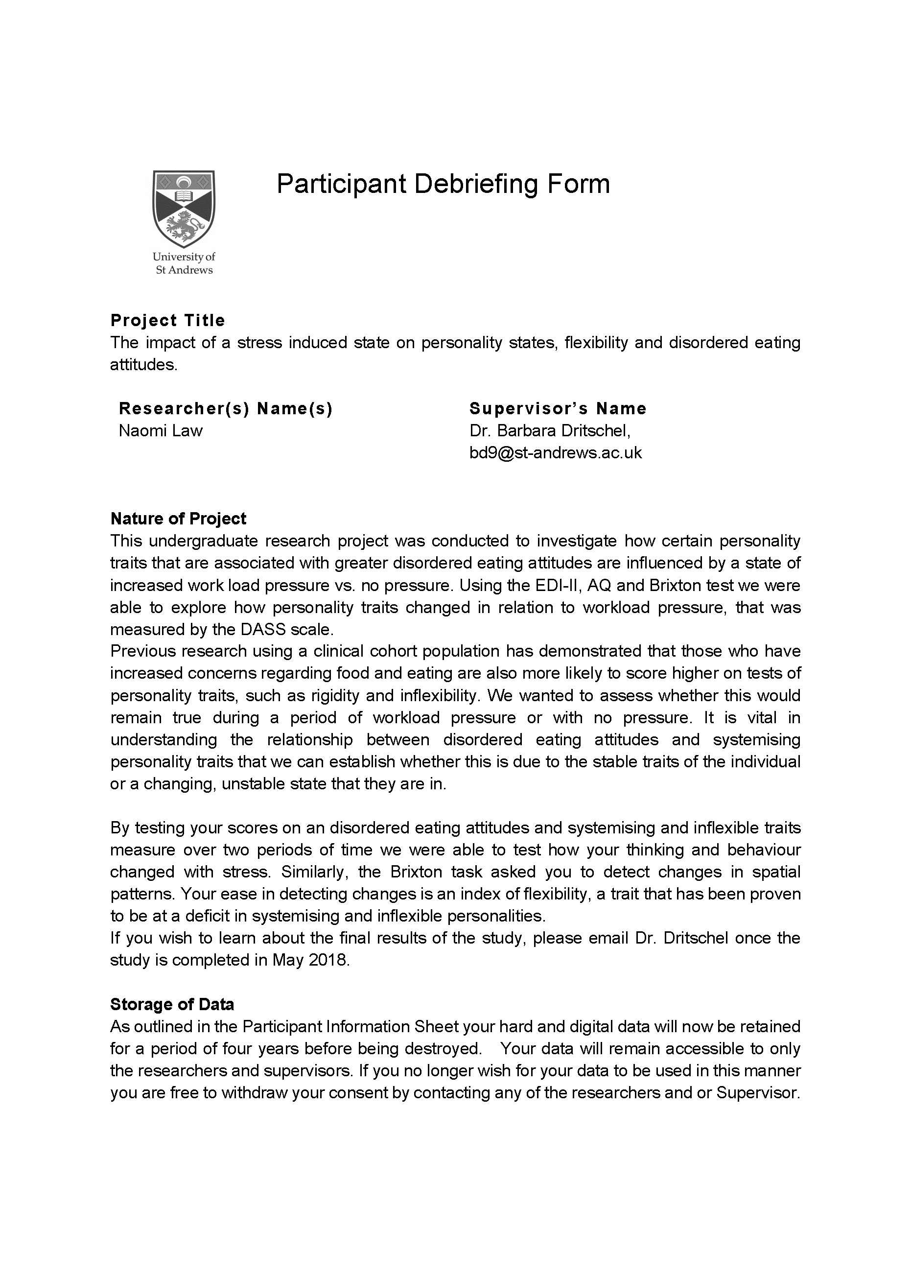 copy of the first page of a Participant Debriefing Form