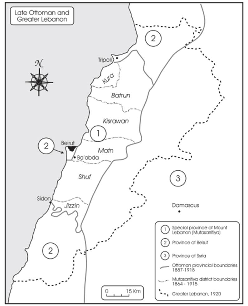 Figure 1: Late Ottoman and
Greater Lebanon. Source: Harris, W. (2012)