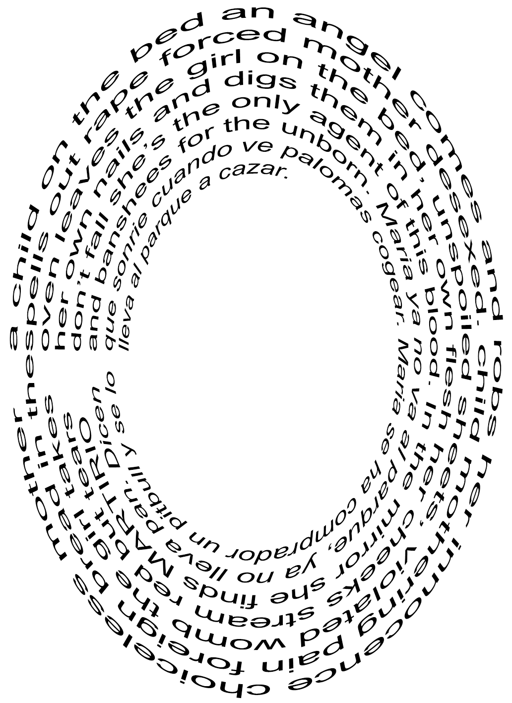 image of the poem Mandorla formatted in the shape of a spyral. The transcript is included below.