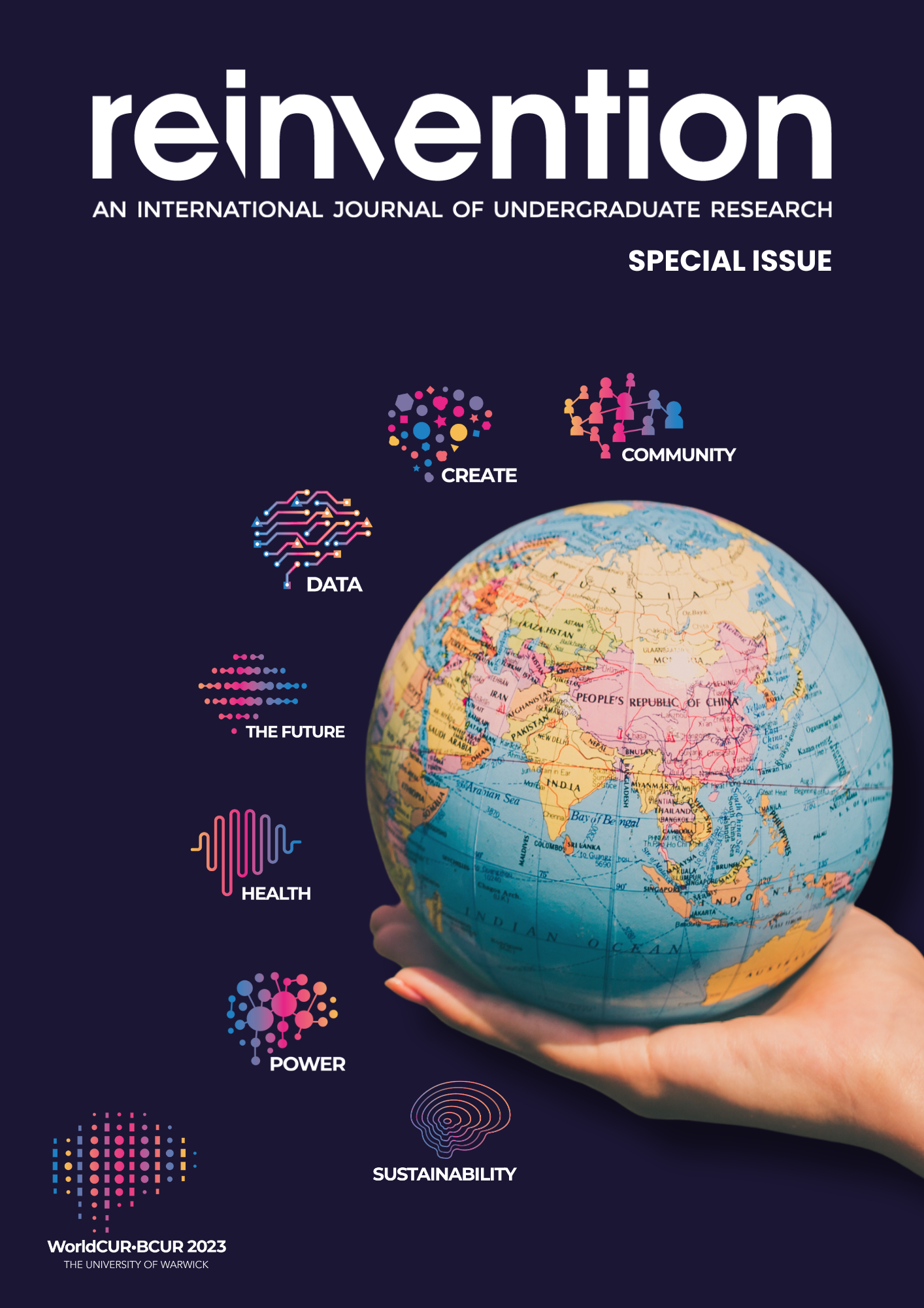 an image of a hand holding a globe, with the seven themes of WorldCUR-BCUR 2023 wrapped around the globe: "community", "create", "data", "the future", "health", "power" and "sustainability". The background of the image is a dark purple.